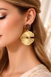 Gold Kahve Mineli Çiçek Küpe
