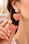 Gold Pembe Çiftli Kalp Küpe