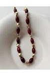 Bordo Boncuklu Gold Elegant Kolye