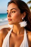 Beyaz Tüylü Büyük Küpe, Uzunluk:9cm