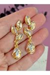Bal Rengi Gold Kristal Taşlı Yaprak Küpe