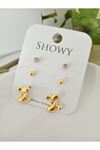 Gold 3 Lü Set Gold Düğüm Kadın Küpe